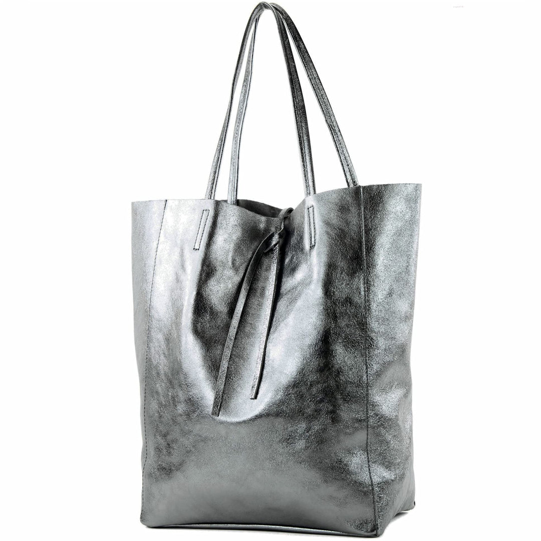 modamoda de - T163 - Ital. Shopper Large mit Innentasche aus Leder Anthrazit-metallic, Anthrazit-met
