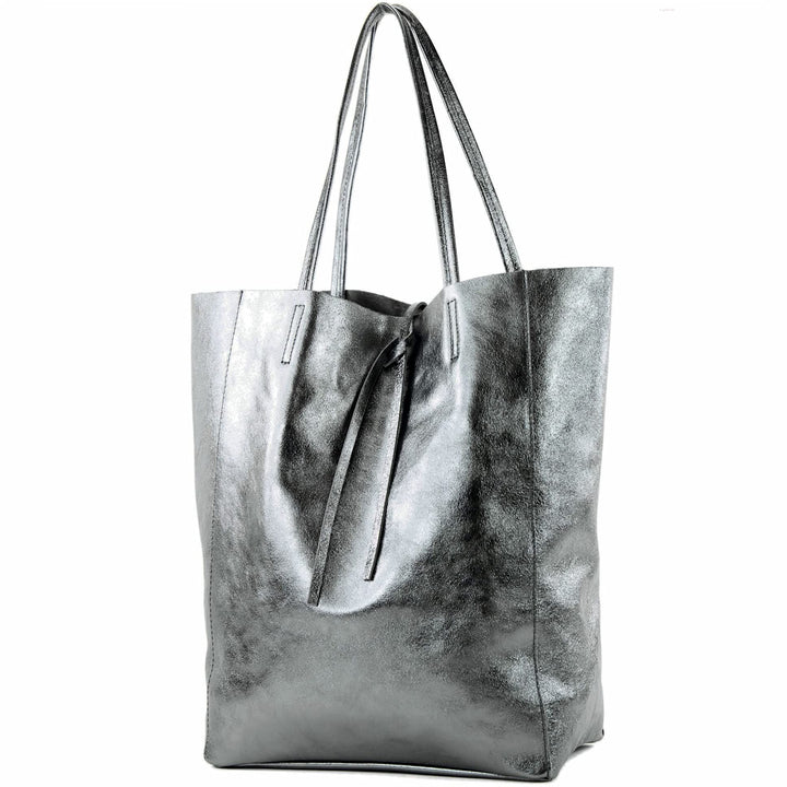 modamoda de - T163 - Ital. Shopper Large mit Innentasche aus Leder Anthrazit-metallic, Anthrazit-met