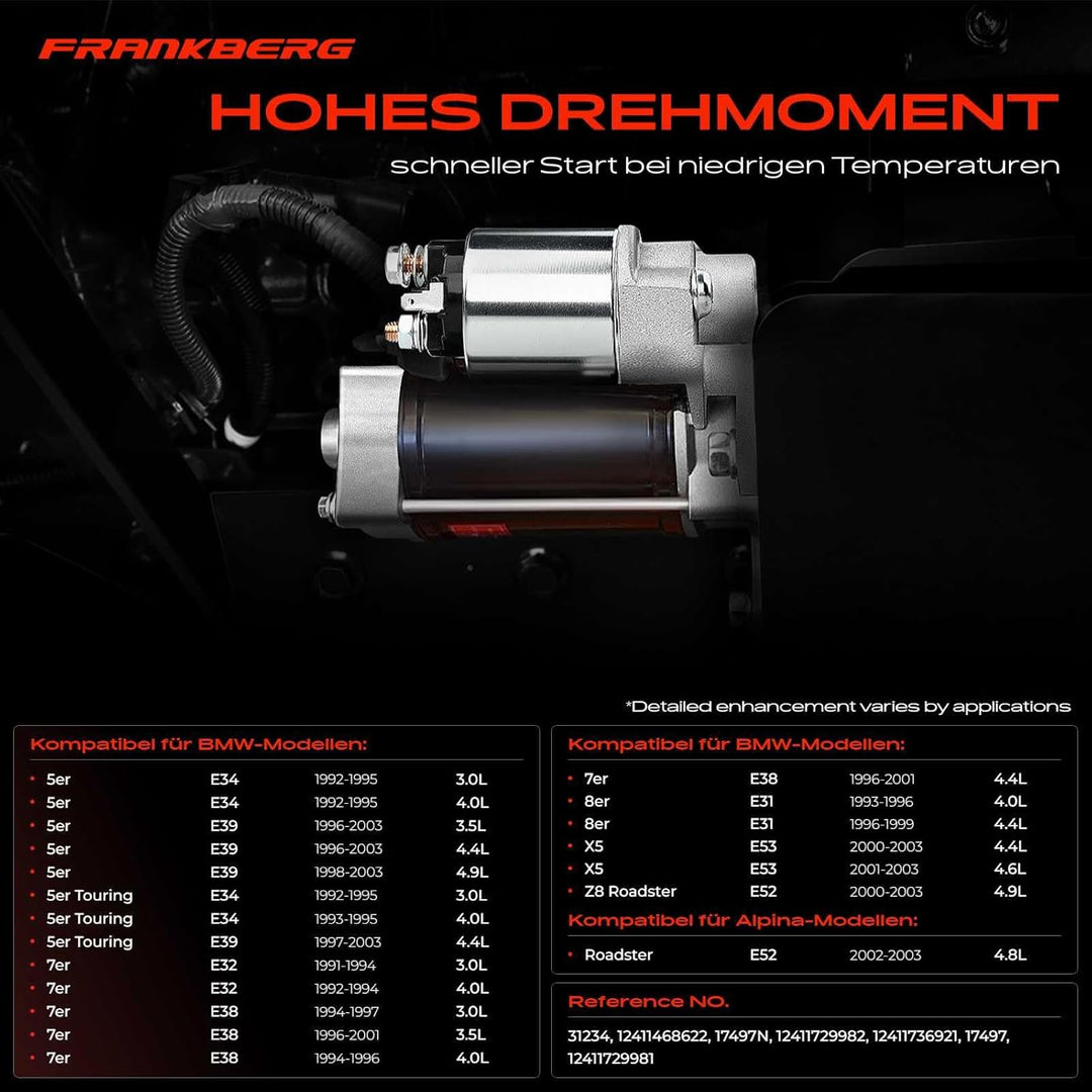 Frankberg Anlasser Autostarter Starter Kompatibel mit Roadster Z8 2002-2003 5er E34 1992-1995 5er E3