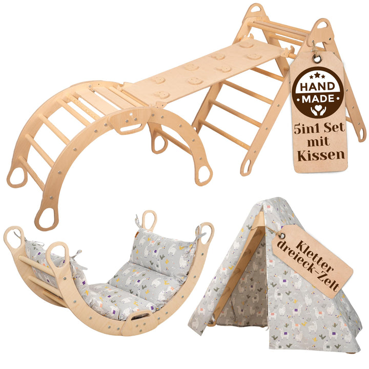 WoodsCraft 5in1 Set: Grosse Kletterbogen mit Kissen, Kinderzelt Indoor & Kletterdreieck mit 2in1: Ru