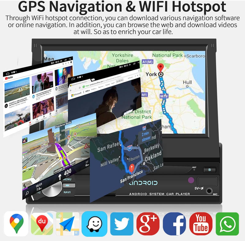 Android Autoradio mit GPS-Navigation, WiFi, Bluetooth, 7-Zoll-Touchscreen 1 Din Auto Multimedia Play