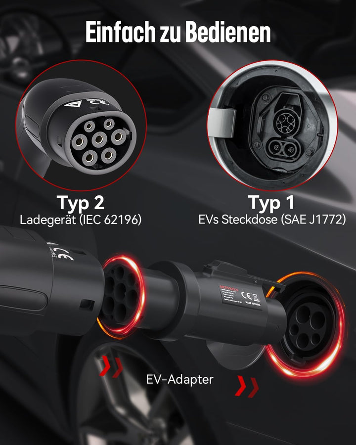 MCEVKELN EV Ladekabel Adapter mit Anti-Diebstahl-Clip| Typ 2 Male auf Typ 1 Female Elektrofahrzeug L