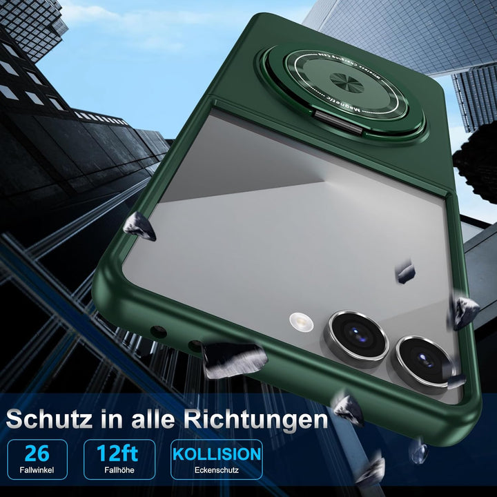Handyhülle für Samsung Galaxy Z Flip 7 Hülle mit Schutzfolie, 360 Grad Magnetisch Metall Ring Stände