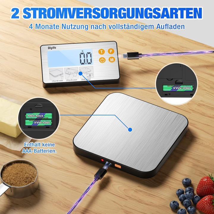 Diyife Küchenwaage Digital Geteilt, Edelstahl 1g/15Kg Haushaltswaage, USB-Aufladung und Batteriebetr