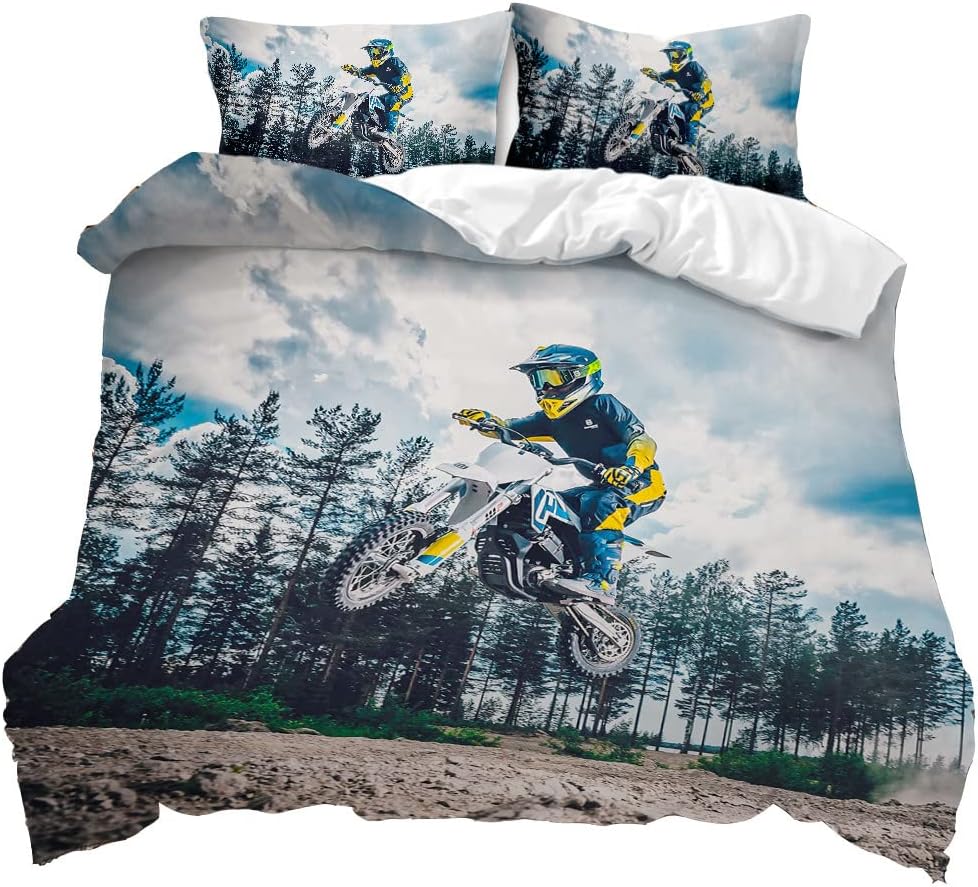 AOXHFNV 3D Motorrad-Bettbezug Motocross-Bettwäsche-Set Motorrad-Rennbettbezug mit Kissenbezug für Te