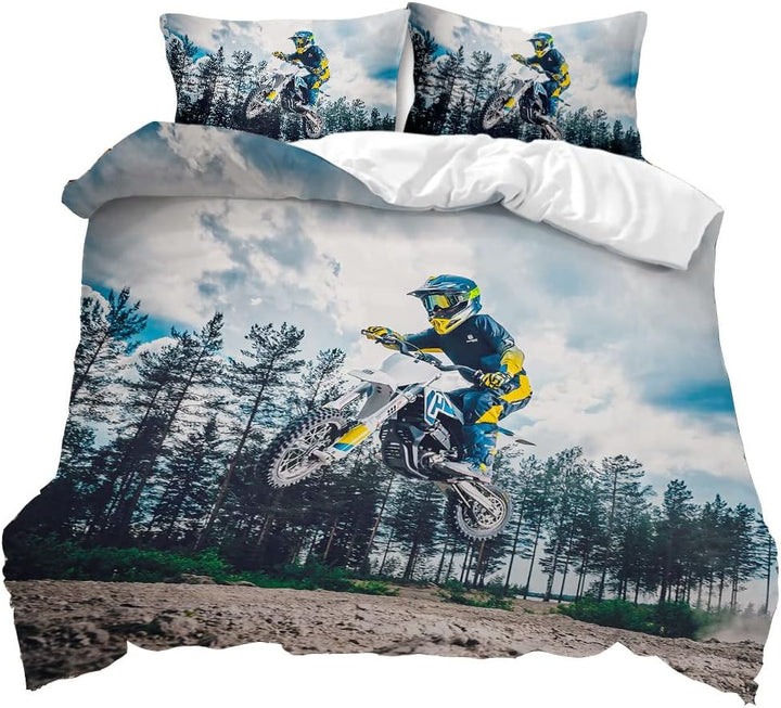 AOXHFNV 3D Motorrad-Bettbezug Motocross-Bettwäsche-Set Motorrad-Rennbettbezug mit Kissenbezug für Te