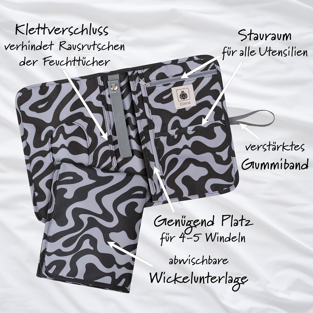Windeltasche mit Unterlage für unterwegs, verstärktem Gummiband und Klettverschluss Schwarz, Schwarz