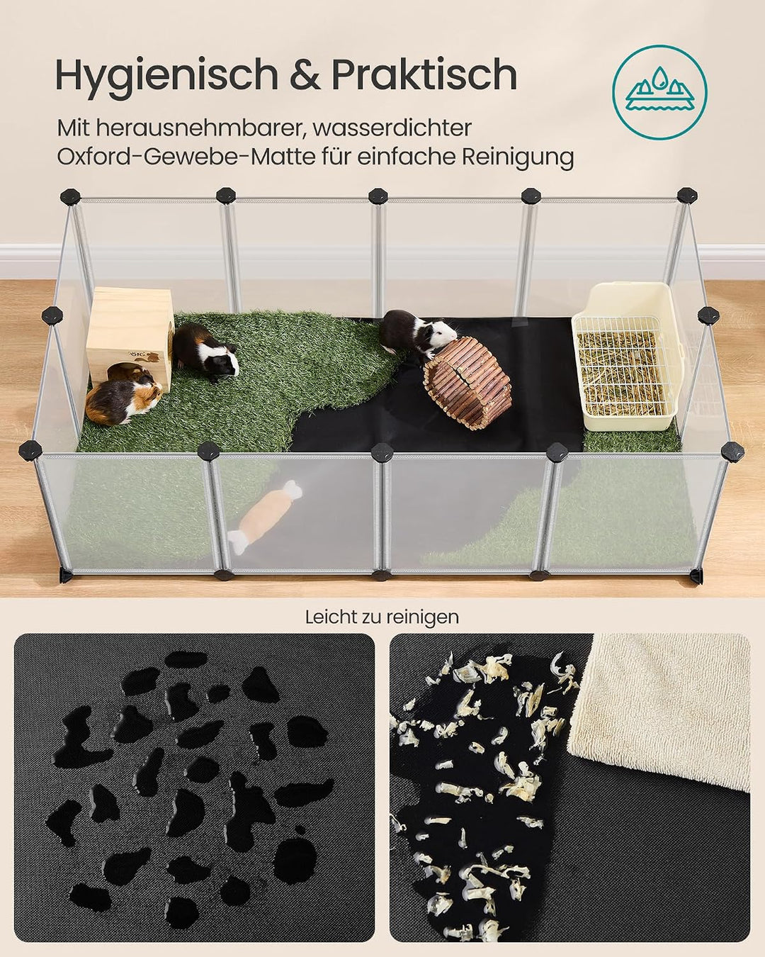 SONGMICS Kleintiergehege mit Bodenplatten, Laufstall mit Abnehmbarer und wasserfester Unterlage, Geh