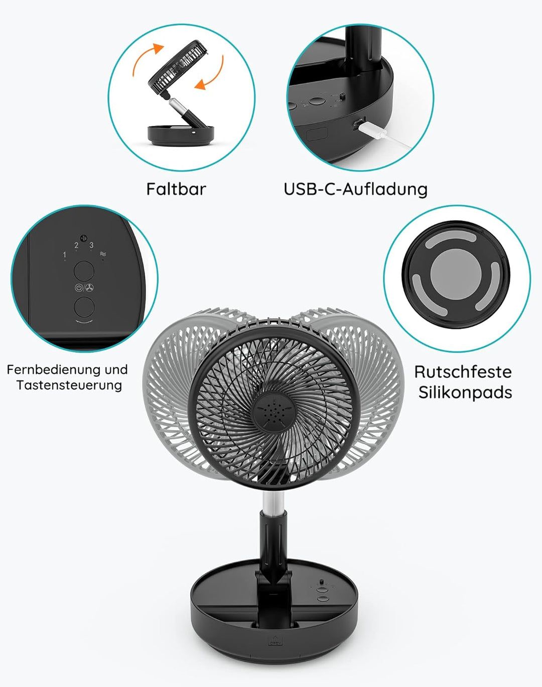 Tragbarer oszillierender Ventilator, höhenverstellbarer Ventilator mit Fernbedienung, faltbarer Vent