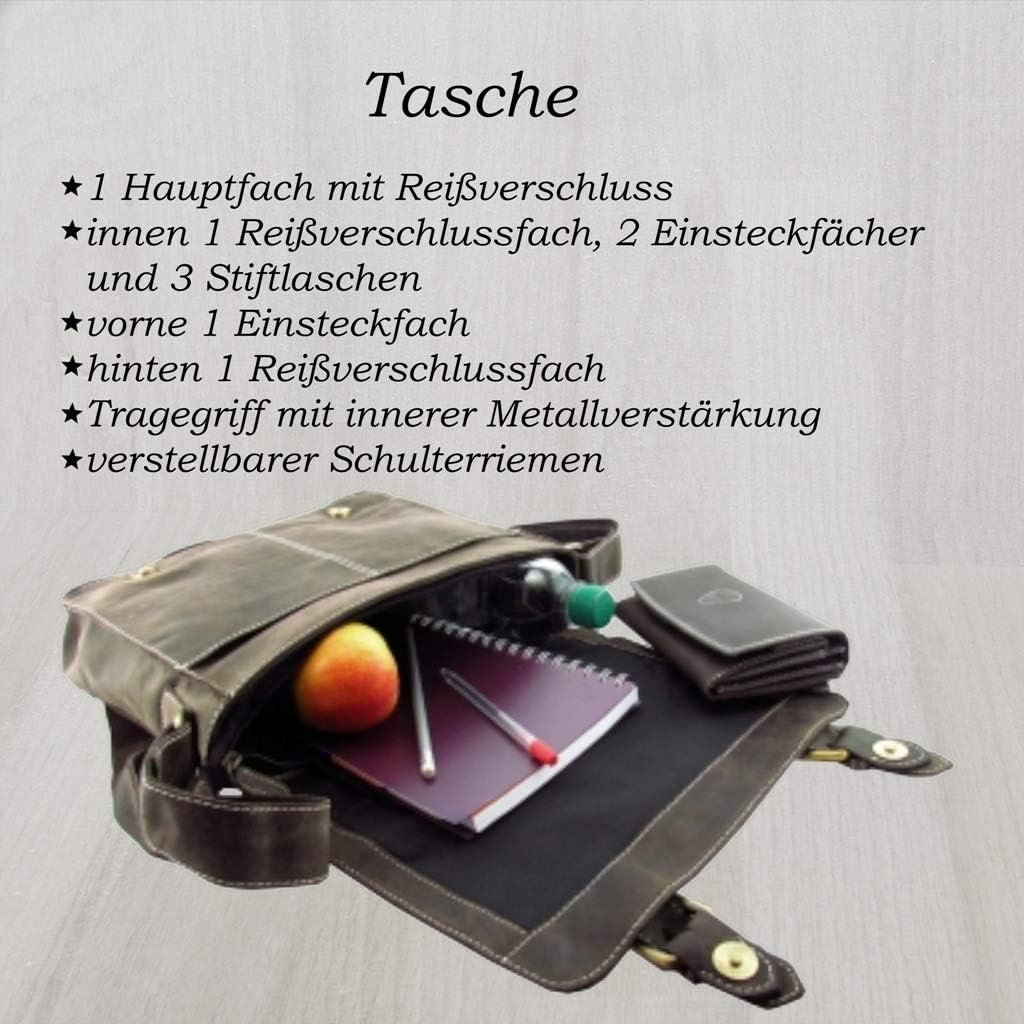 Lozano Lehrertasche Schultertasche Aktentasche Büffelleder Antik Optik geöltes Leder braun