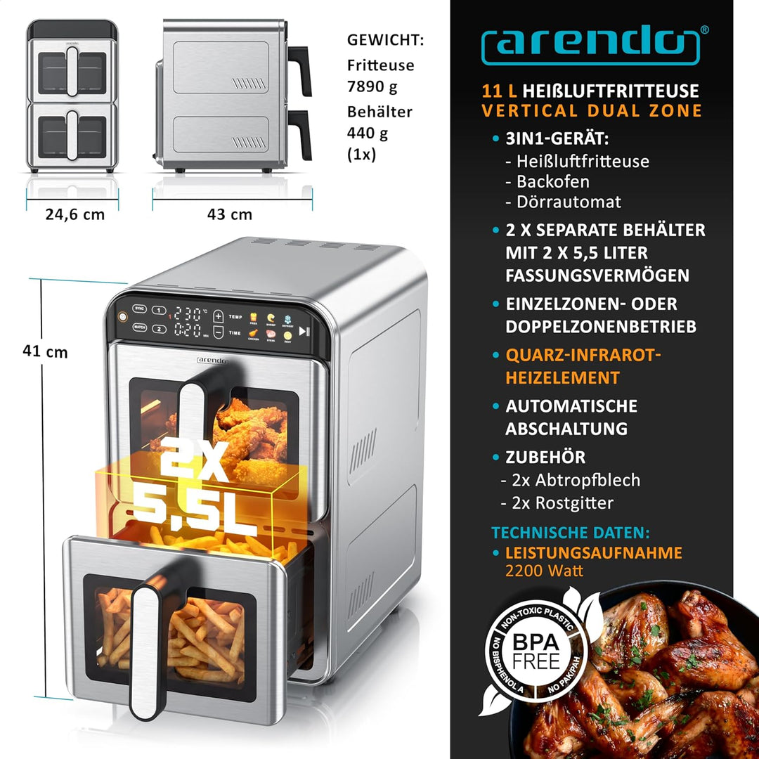 Arendo – Heissluftfritteuse XXL Edelstahlgehäuse - 2 Kammern Doppelstock – 11 Liter Airfryer 2 Zonen