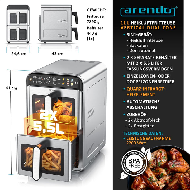Arendo – Heissluftfritteuse XXL Edelstahlgehäuse - 2 Kammern Doppelstock – 11 Liter Airfryer 2 Zonen