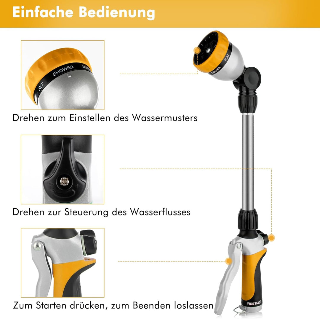 RESTMO Garten Giessstab Metall, 42cm Lang Gartenbrause mit Stiel, 7 Sprühbilder Bewässerung Zauberst