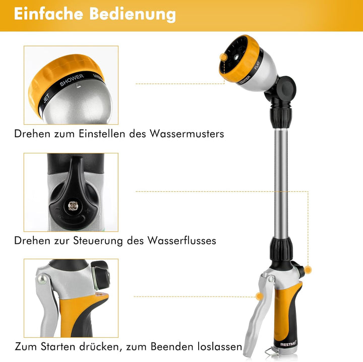 RESTMO Garten Giessstab Metall, 42cm Lang Gartenbrause mit Stiel, 7 Sprühbilder Bewässerung Zauberst