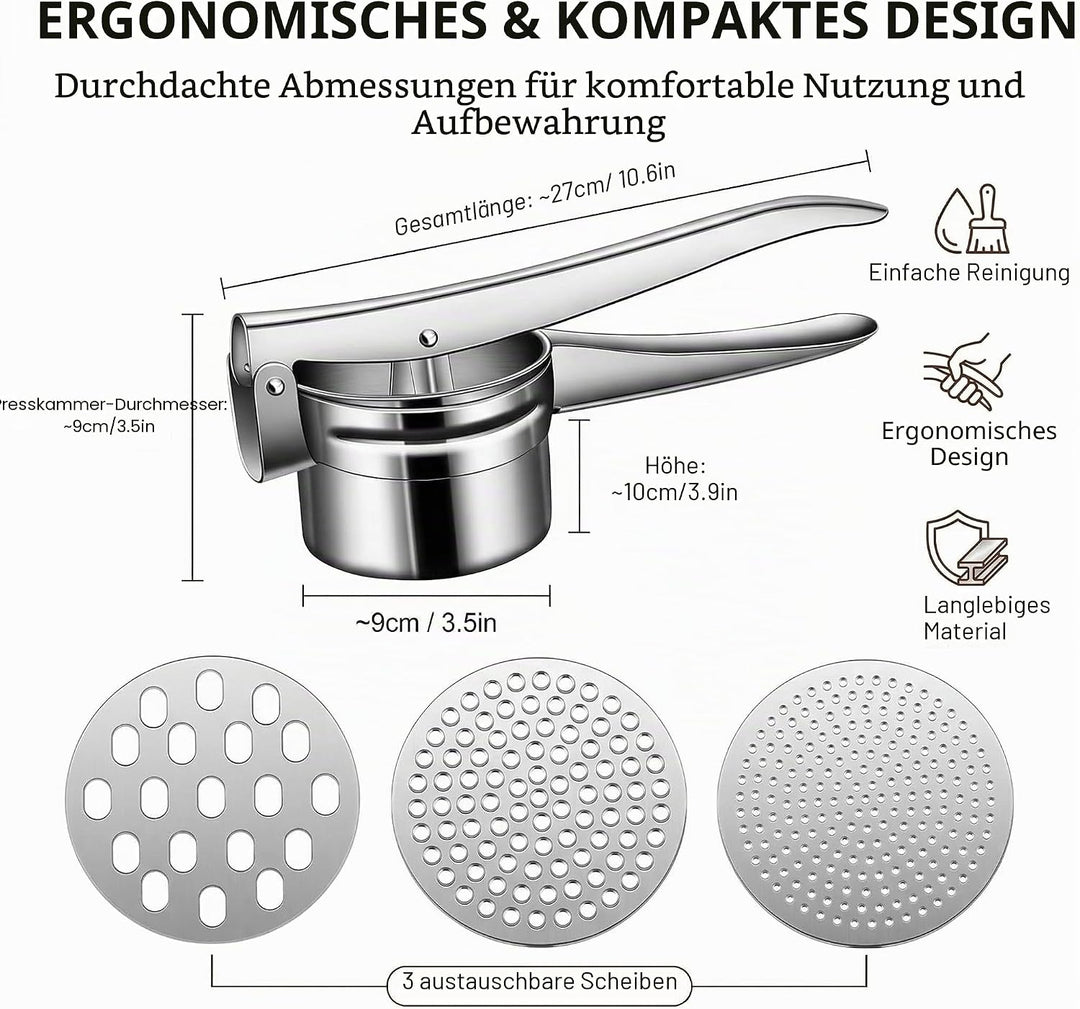 kartoffelpresse Edelstahl, Spätzlepresse, Spaghettieispresse, mit 3 Austauschbare Sieb, Spagettieis