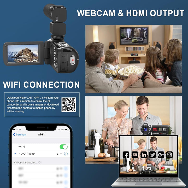 Videokamera 8K 64MP Camcorder 18X Digitalzoom IR Nachtsicht Vlogging Kamera, 3,0 Zoll UHD Touchscree