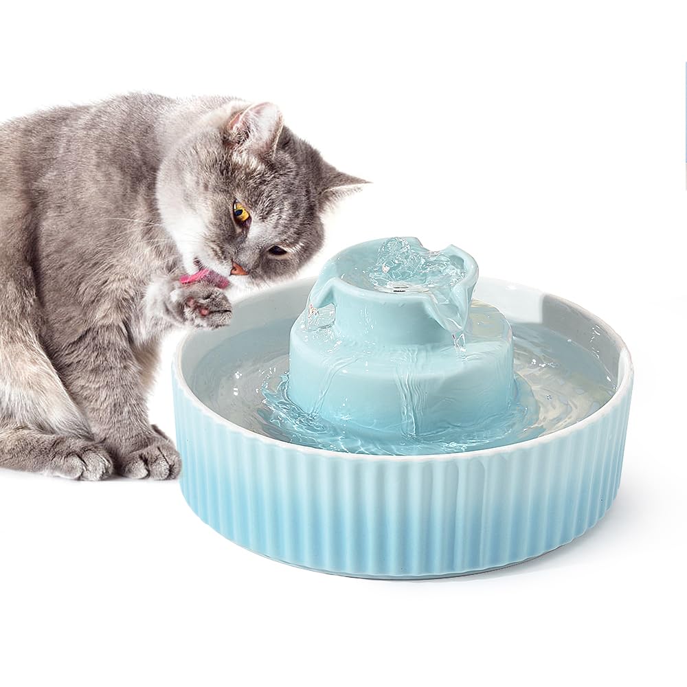 Katzenbrunnen Keramik, 2.1L Trinkbrunnen für Katze Keramik, Leise Wasserspender Wasserpumpe mit Baum
