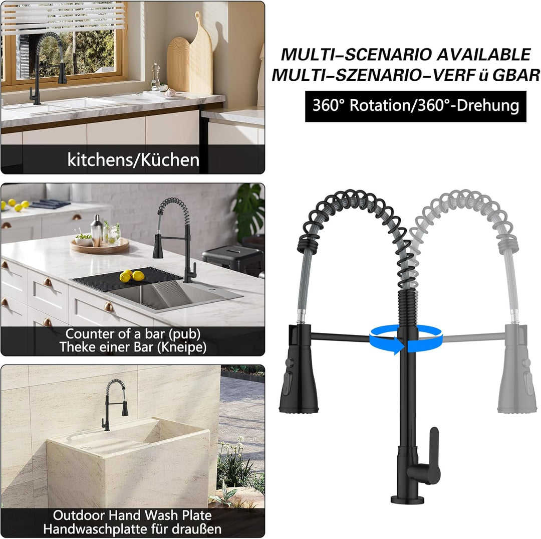 LIWEIKE Wasserhahn Kaltwasser Schwarz, 360° Drehbarer Kaltwasser armaturen mit 3 Strahlarten Wasserh