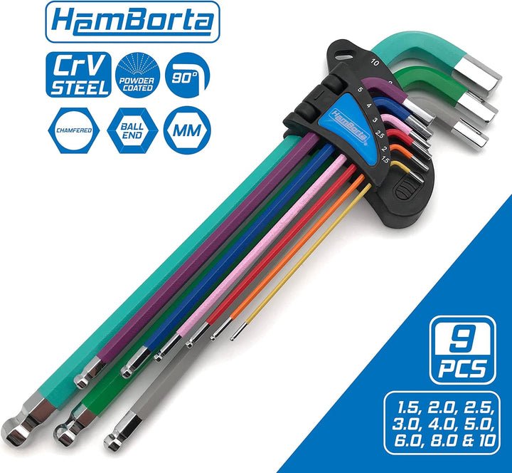 HemBorta® Innensechskant Satz Extra Lang 9 tlg mit Kugelkopf 1.5–10mm, Profi Innensechskantschlüssel