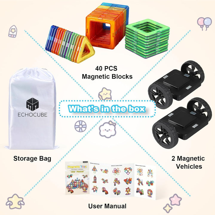 ECHOCUBE 42 Stück Magnetische Bauklötze Set, STEM Construction Spielzeug für Kinder 36+ Monate, Educ