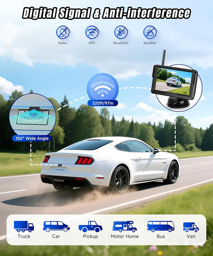 VECHTEL AHD 720P Kabellose Rückfahrkamera,5"-HD-Monitor-Set, IP69 wasserdicht, Weitwinkel, Nachtsich