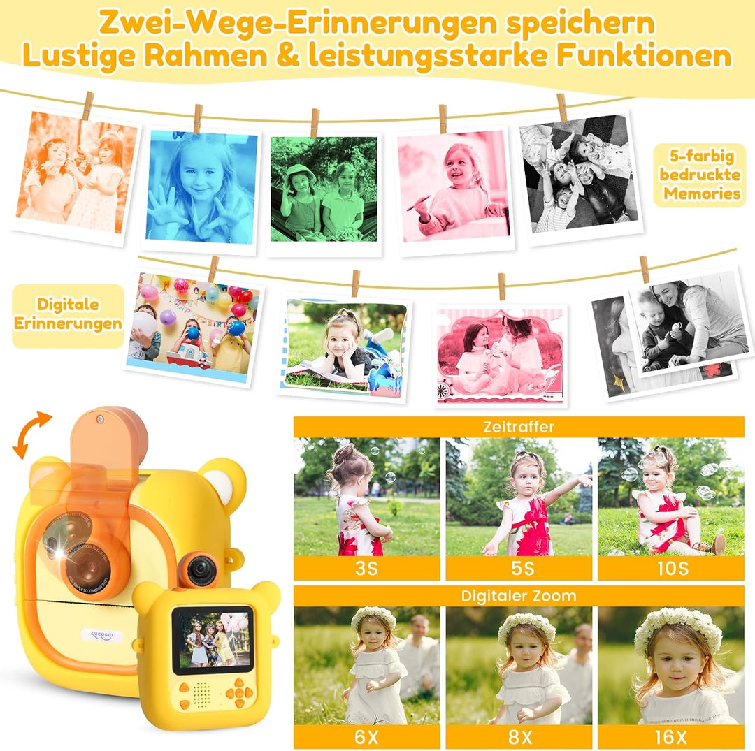Sofortbildkamera Kinder,7 Druckpapier (4x Farbe: Orange/Rot/Grün/Blau + 3x SW), 2,4" Kinderkamera mi