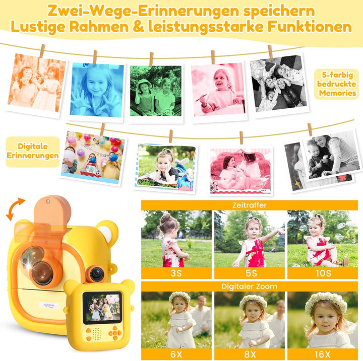 Sofortbildkamera Kinder,7 Druckpapier (4x Farbe: Orange/Rot/Grün/Blau + 3x SW), 2,4" Kinderkamera mi