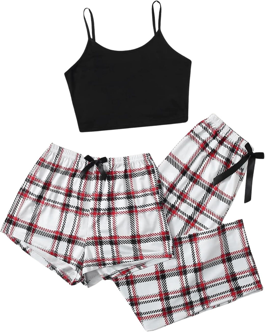 GORGLITTER Damen Schlafanzug 3er Set Cami Schlafanzug Plaid Pajamas Set Nachtwäsche Schlafhose Karie