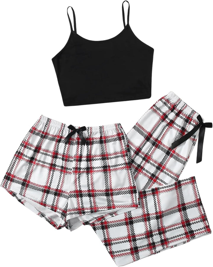 GORGLITTER Damen Schlafanzug 3er Set Cami Schlafanzug Plaid Pajamas Set Nachtwäsche Schlafhose Karie