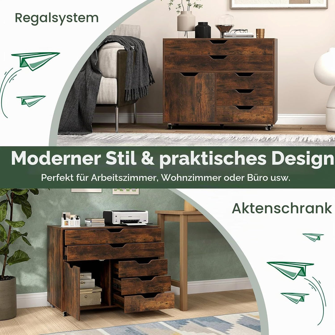 GIANTEX Rollcontainer mit 5 Schubladen &amp; 1 Schrank, mobiler Aktenschrank mit 5 Rollen, Schubladensch