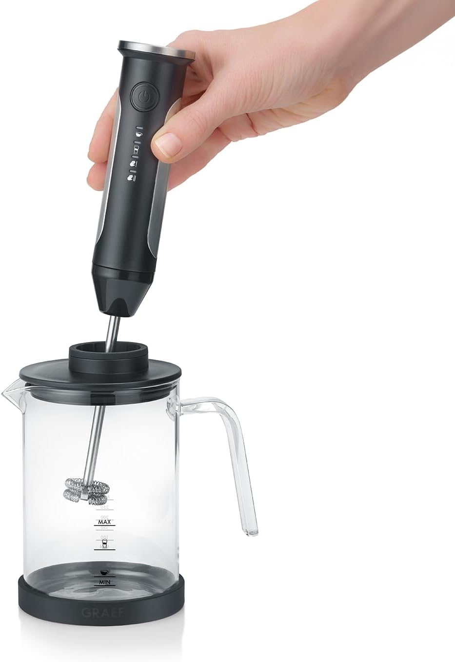 GRAEF kabelloser Milchaufschäumer MS202EU Schwarz, Rühren, Schäumen & Mixen, Glas-Milchkännchen, ein