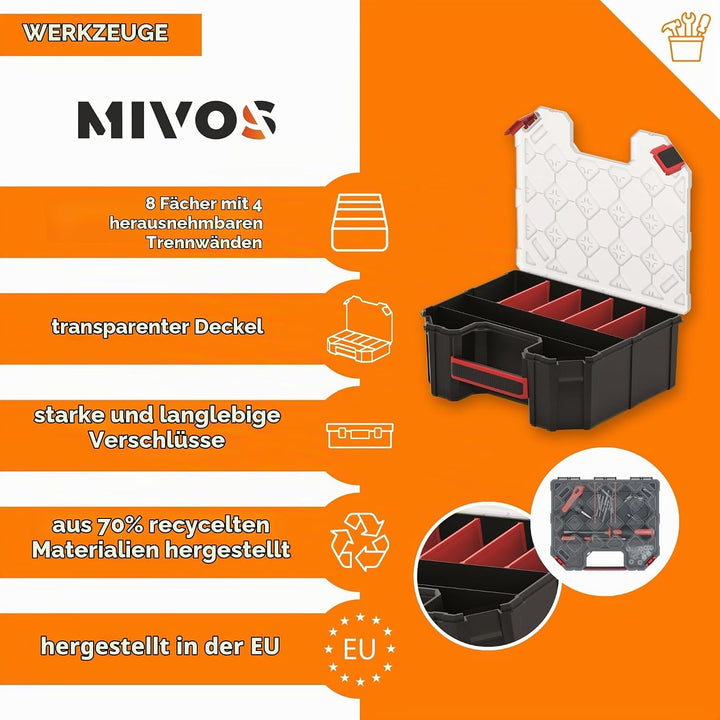 Mivos Sortimentskasten 12” für Zubehör und Kleinteile - Schraubenbox mit 8 Fächer zur Aufbewahrung -