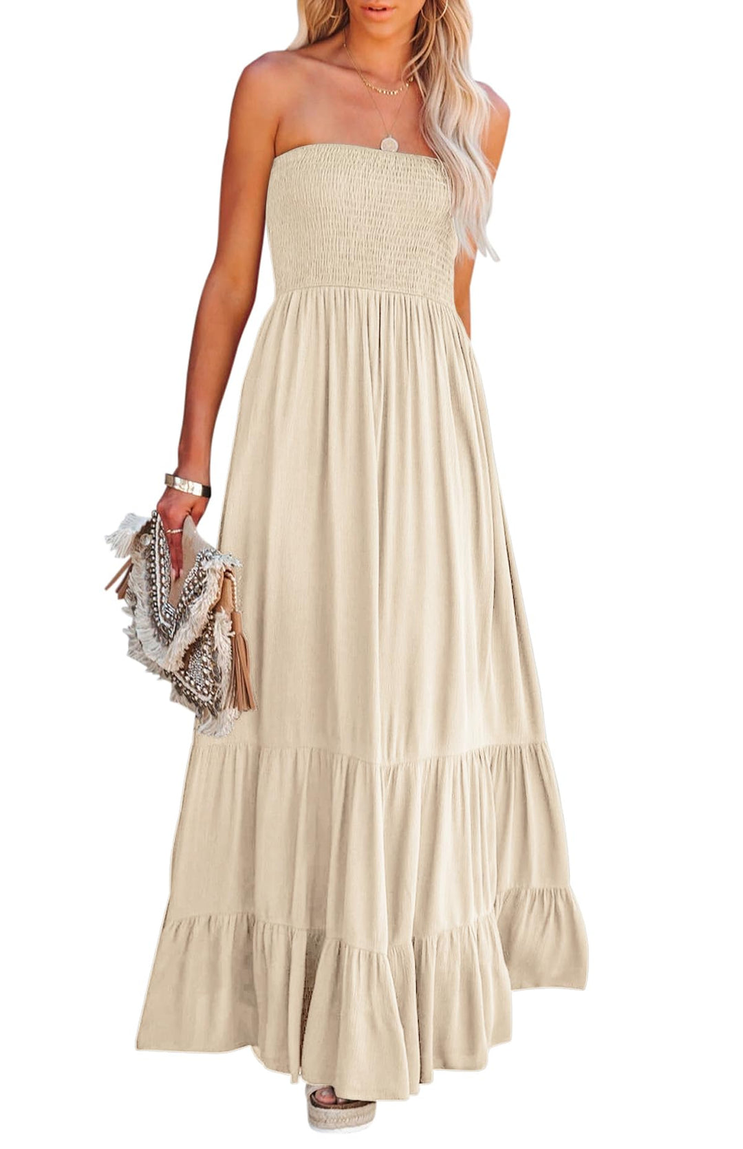 R.Vivimos Sommer Boho Trägerloses Bandeau Shirred Rüschen Tube A Linie Maxikleid S Beige#2, S Beige#