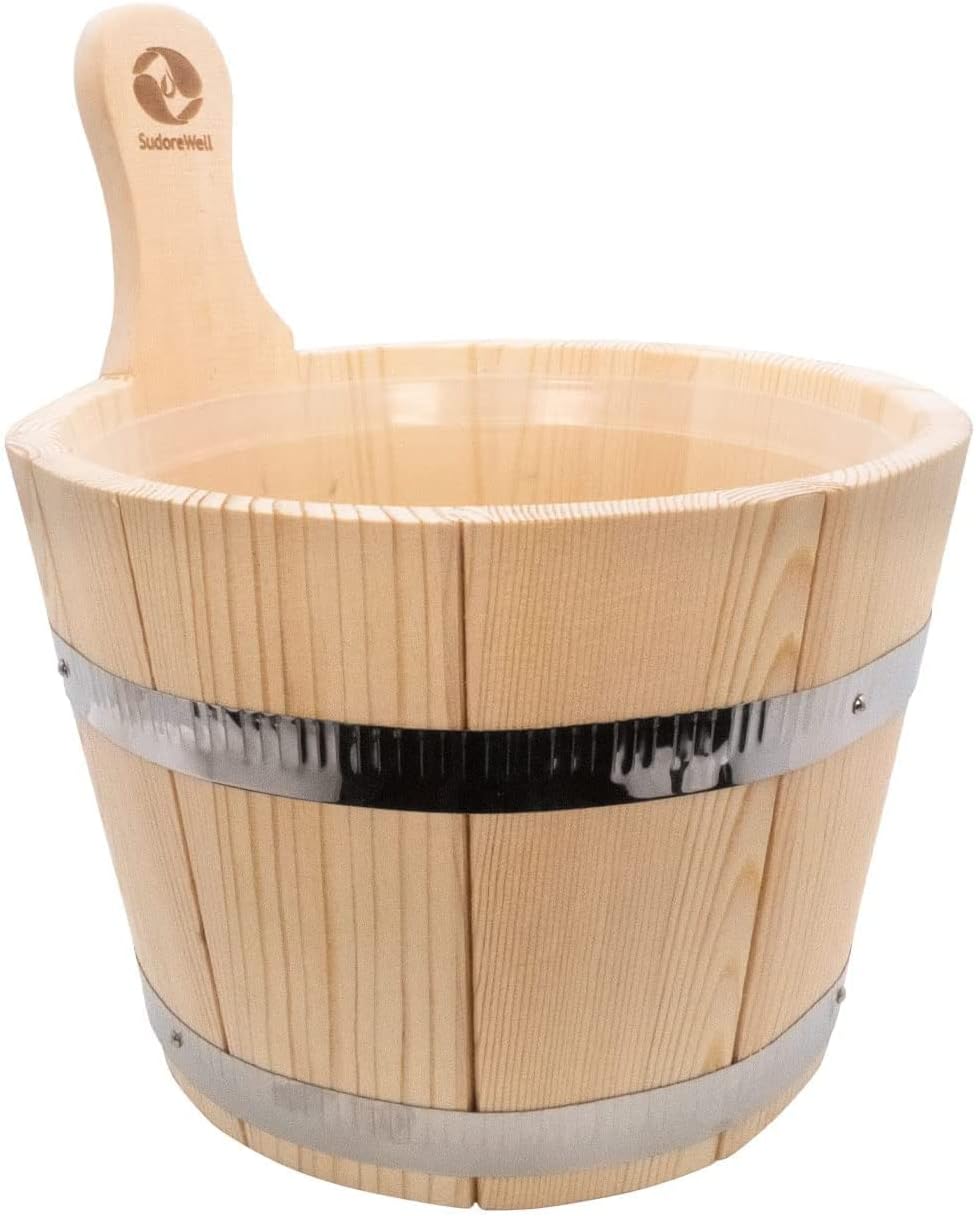 SudoreWell® Saunakübel Set 5 Liter aus Kiefernholz mit Kunststoffeinsatz und zwei Stahlbandreifen pl