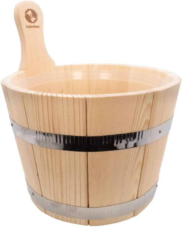 SudoreWell® Saunakübel Set 5 Liter aus Kiefernholz mit Kunststoffeinsatz und zwei Stahlbandreifen pl
