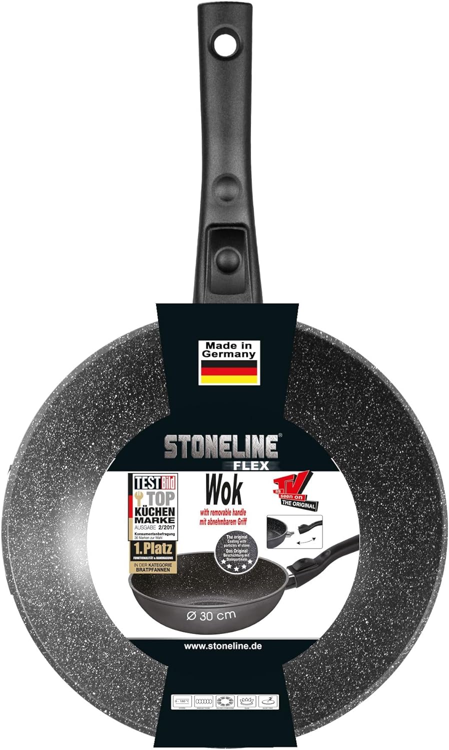 STONELINE Wok 30 cm, Made in Germany, Aluguss, Wok Pfanne beschichtet mit echten Steinpartikeln, gra