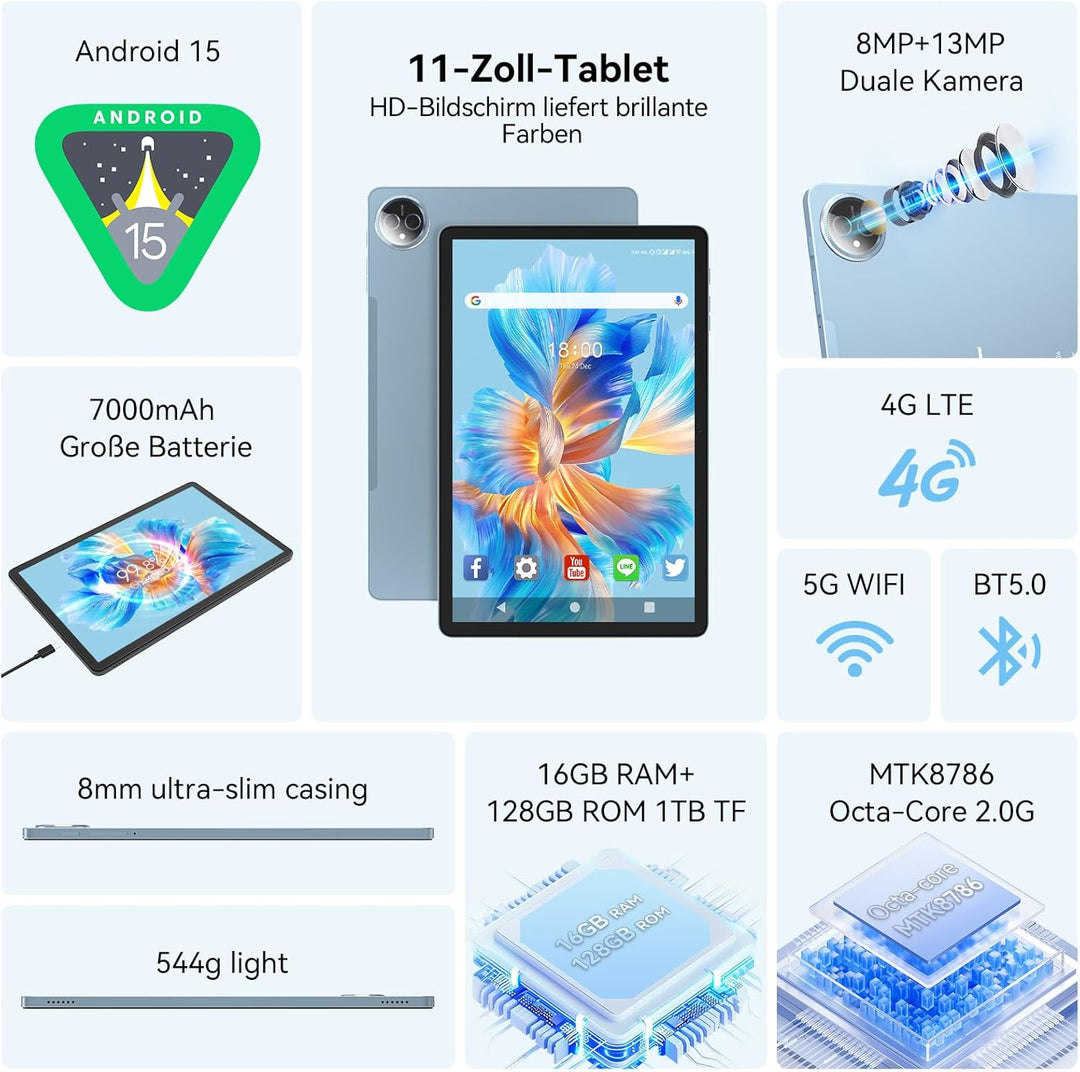 FEONAL 2025 Neueste Tablet 11 Zoll Android 15 Tablets Blau, Blau