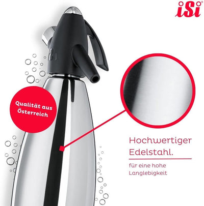 iSi Siphon, Wassersprudler für Sprudelwasser, Sprudler mit Edelstahl Flasche, Kohlensäure für Wasser