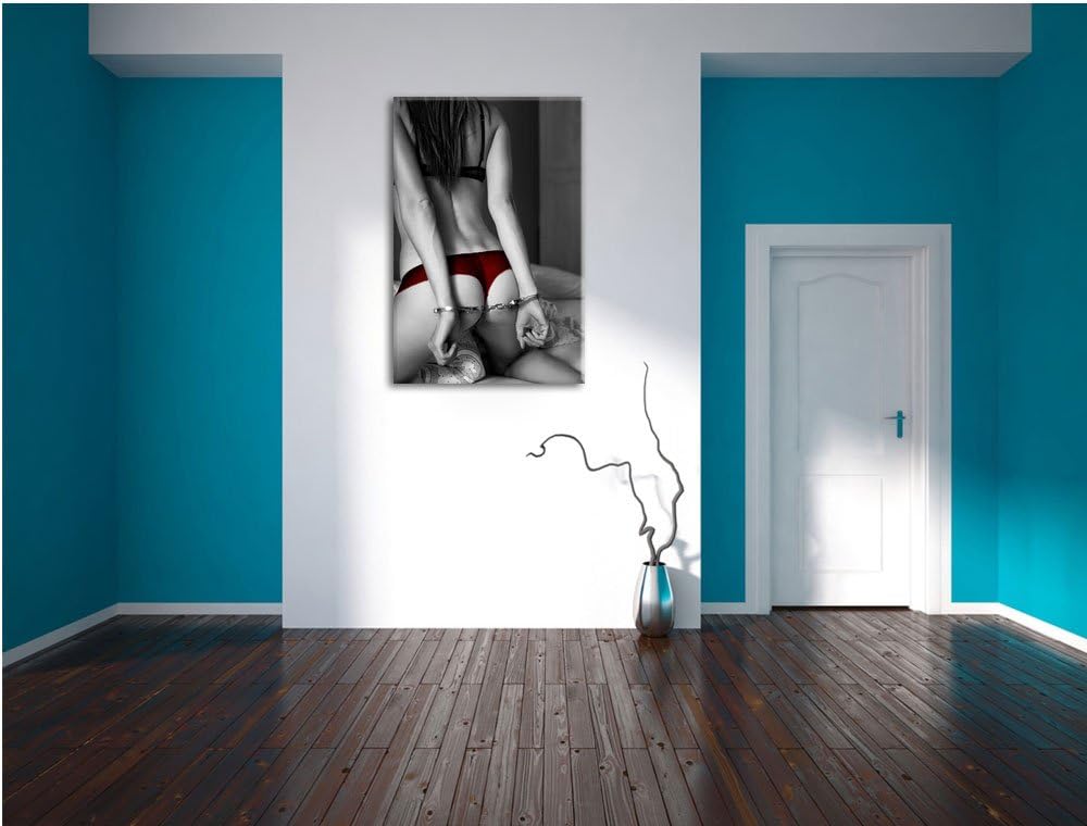 Sexy Frau in Unterwäsche mit Handschellen schwarz/weiss Format: 100x70 auf Leinwand, XXL riesige Bil