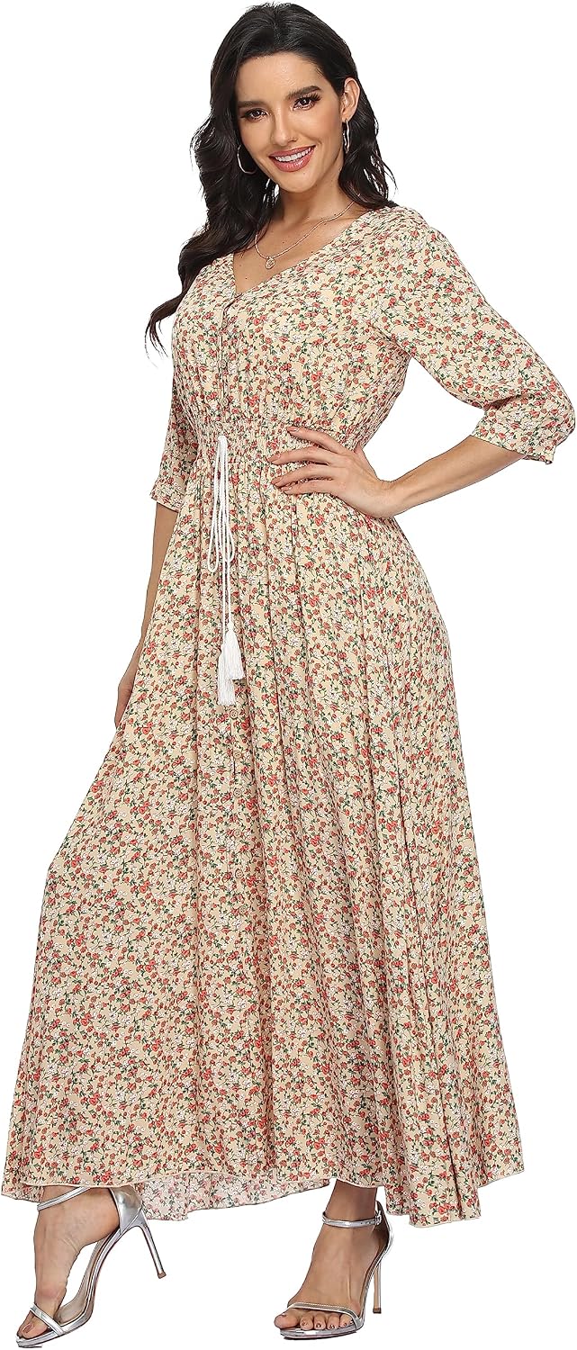 Damen Lange Split Knopf Up Sommer Maxikleid Floral Strandwear Holidy Kleid Hohe Taille mit kurzen Är