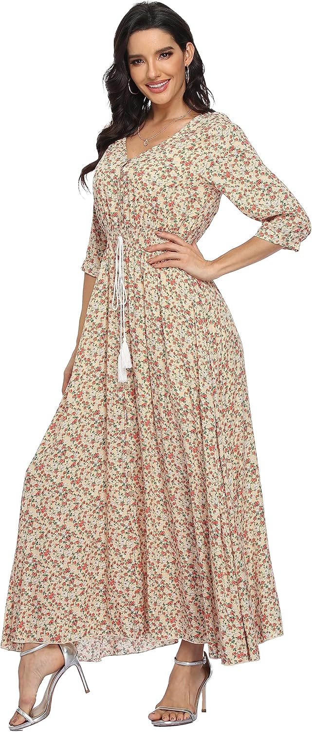 Damen Lange Split Knopf Up Sommer Maxikleid Floral Strandwear Holidy Kleid Hohe Taille mit kurzen Är