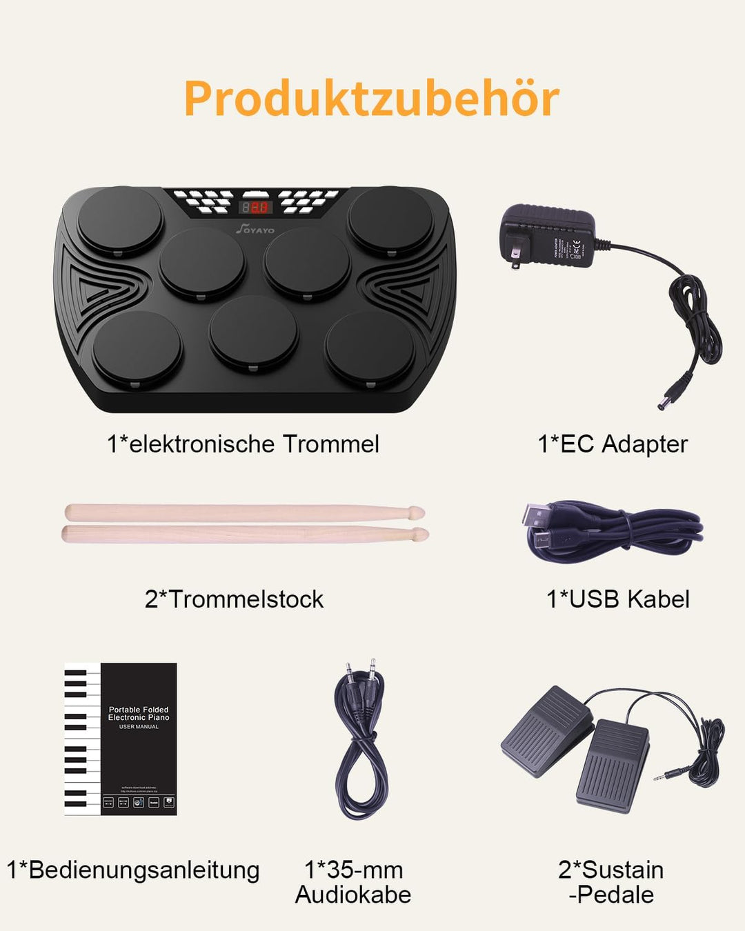 Schlagzeug Elektronisch, 7 Pads Elektronisches Schlagzeug Anschlagsdynamisch, E Drum Unterstützung M