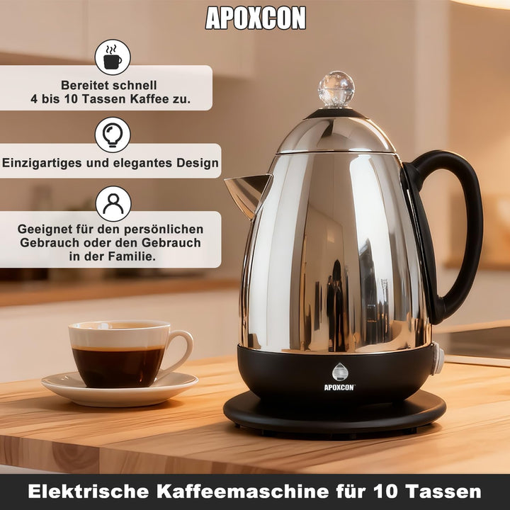 APOXCON Edelstahl-Kaffeekanne mit Permanentfilter 1,5 Liter (10 Tassen) mit Glasdeckel, garantiert t