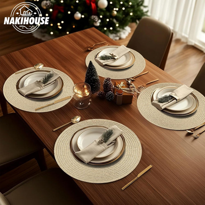 NAKIHOUSE Tischsets Abwaschbar Rund Geflochten Tischset 6er Set, 38cm Rund Platzsets Abwischbar, rut