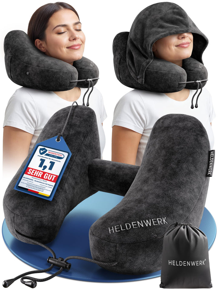 HELDENWERK® Air Nackenkissen Flugzeug Aufblasbar | Reisekissen für 5 Schlafpositionen, schnell aufbl