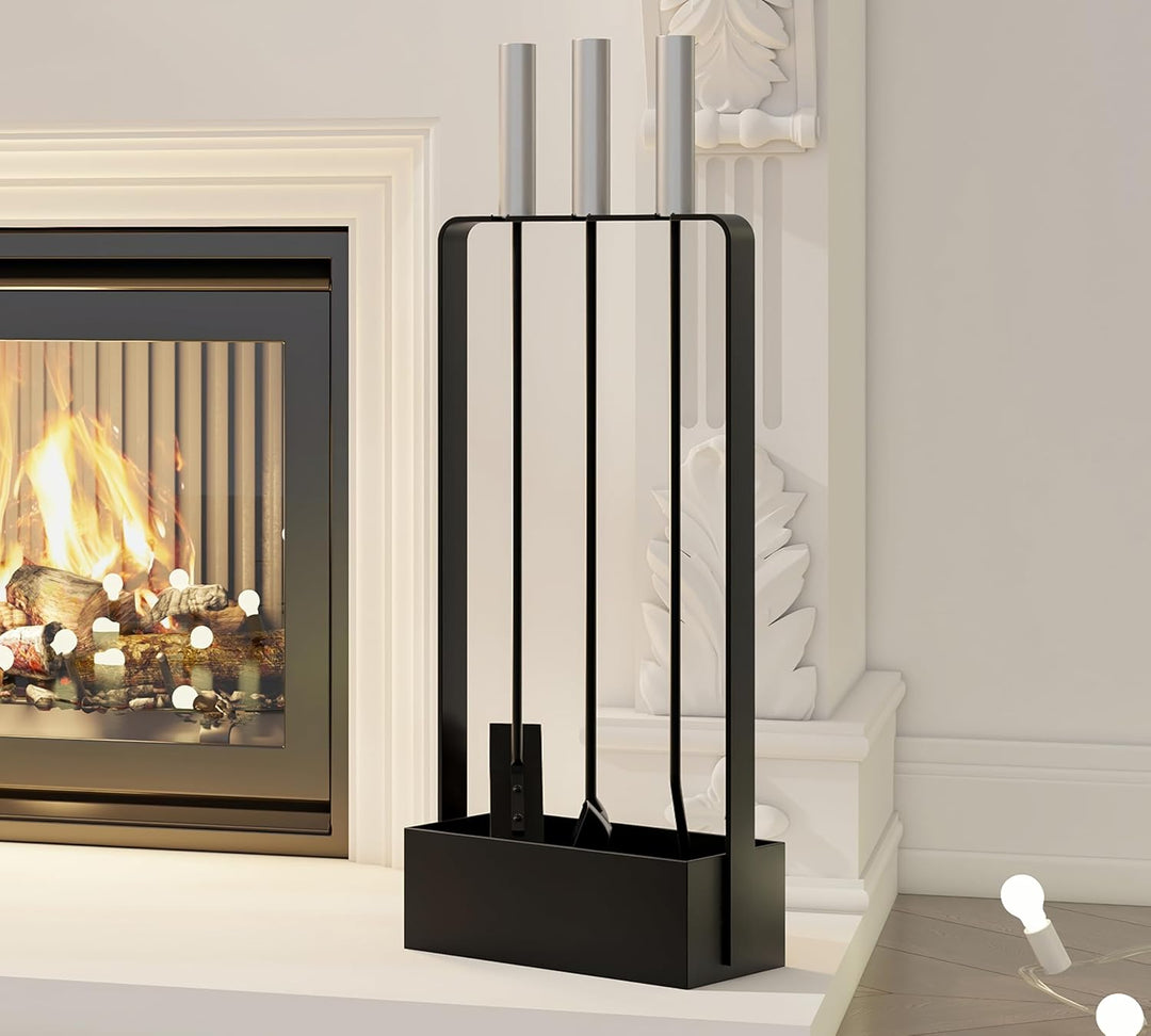 Kingson Kaminbesteck mit Edelstahlgriffen - 3 Werkzeuge - 53cm - schwarz pulverbeschichtet Ständer