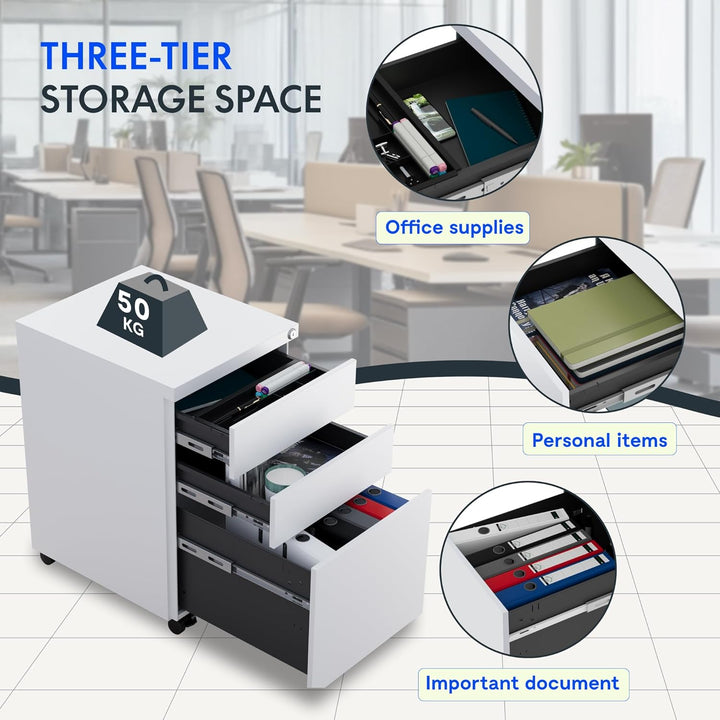 FLEXISPOT Rollcontainer mit 3 Schubladen, mobiler Aktenschrank mit Rollen, Schubladenschrank Bürosch