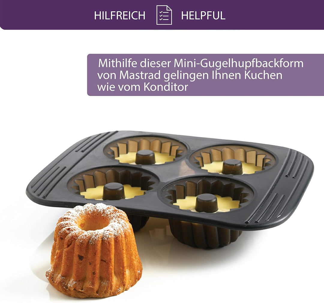 Mastrad F41474 Guglhupf-Backformen, Silikon, Grau, 6 x 27 x 21 cm Gugelhupf-Mini-Backform 4er, Gugel