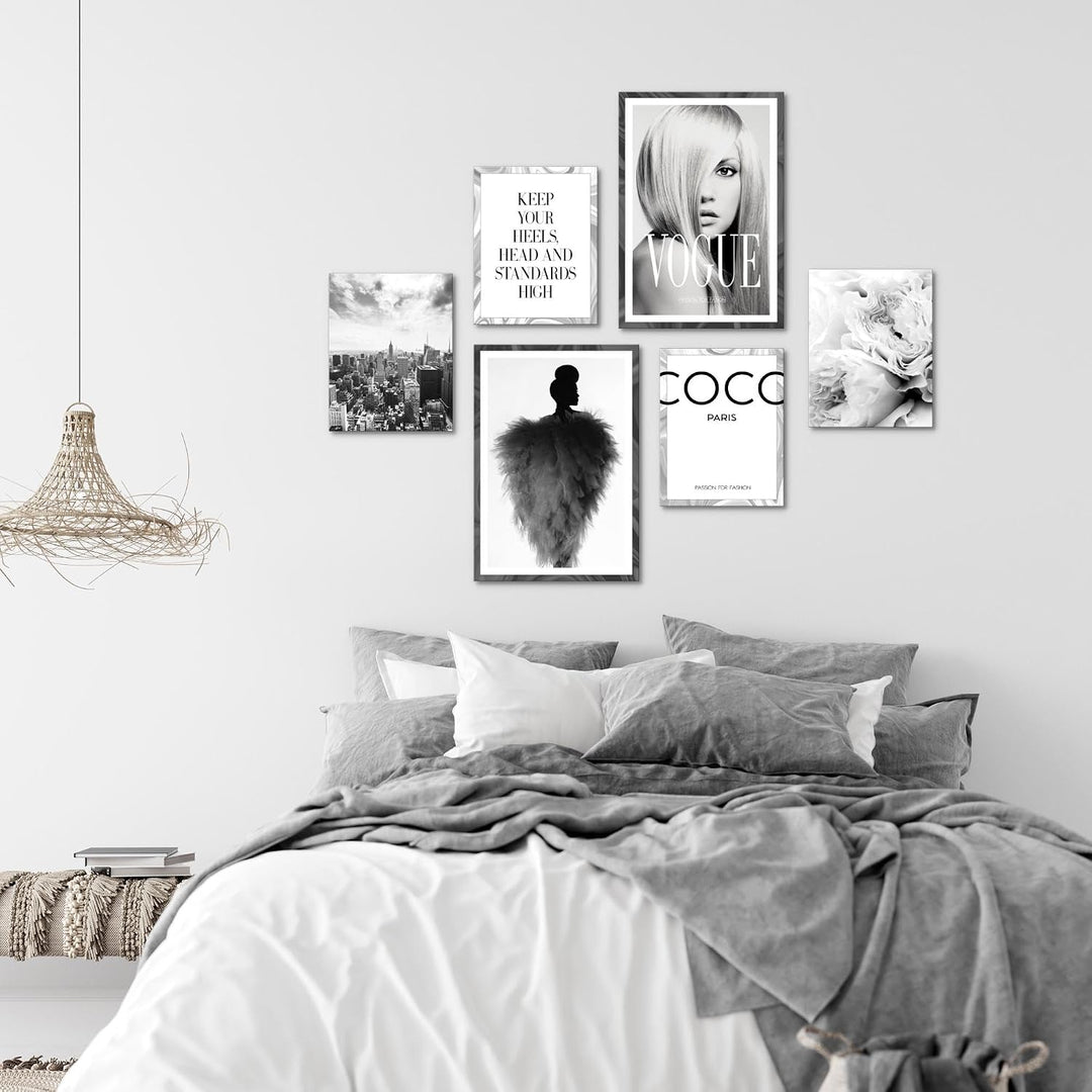 Novart Wandbilder Set Coco Fashion Schwarz Weiss - KEIN EXTRA RAHMEN BENÖTIGT - Modern Deko - Wohnzi
