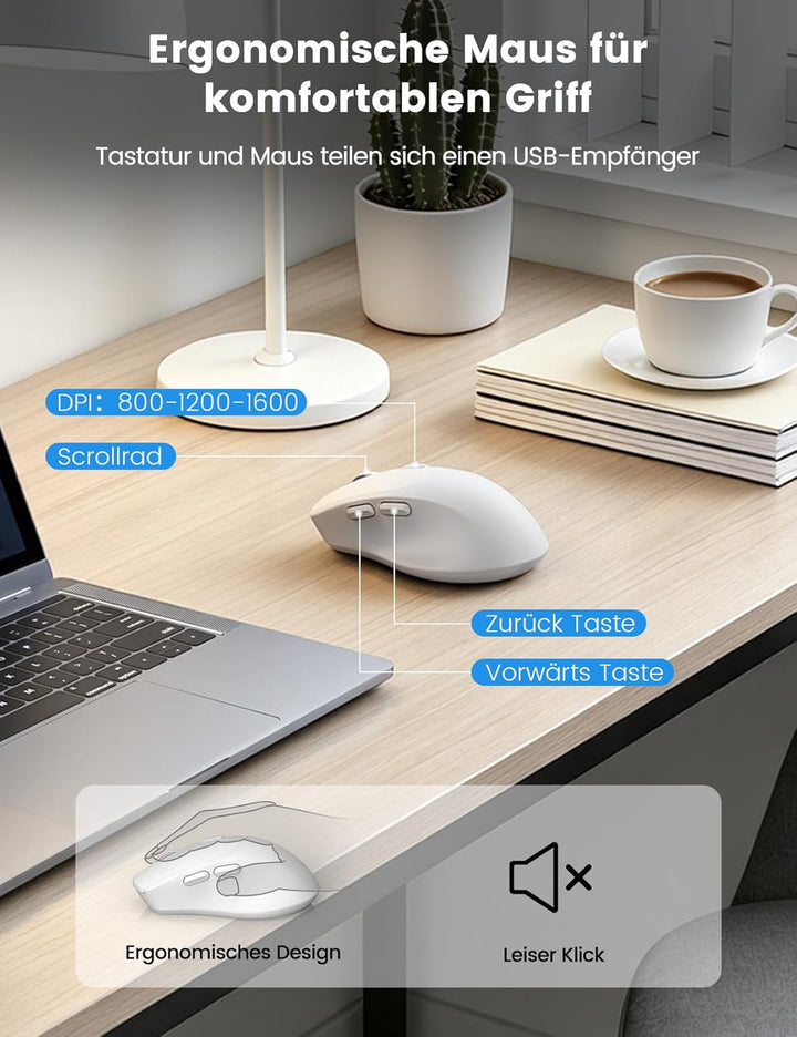 Tastatur Maus Set Kabellos, Ergonomische Tastatur in Voller Grösse mit Handgelenkauflage, Telefonhal